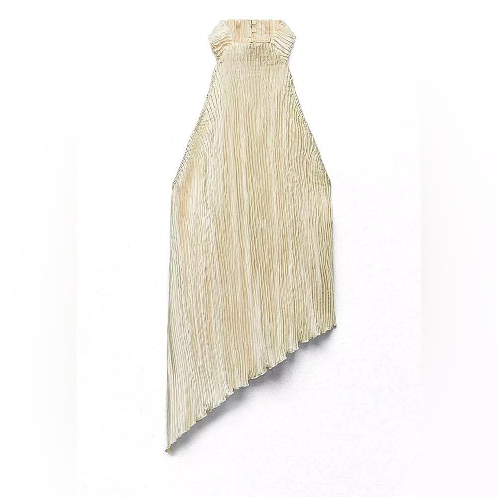 ZARA Pleated Halter Top Asymmetrical Cream Textured Blouse Size S Boho Chic - Picture 2 of 8